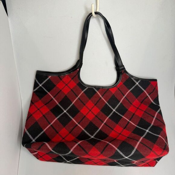 Victoria’s Secret Argyle Plaid Red Black Shopper Tote Bag VS Logo 15×11×5 - Picture 3 of 14